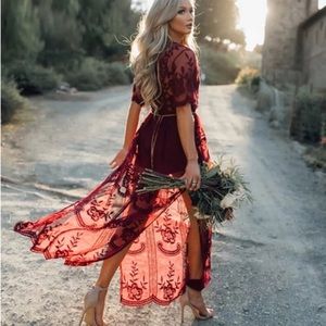 CARLOTA’ Bordeaux Deep V-Neck Lace Romper Dress